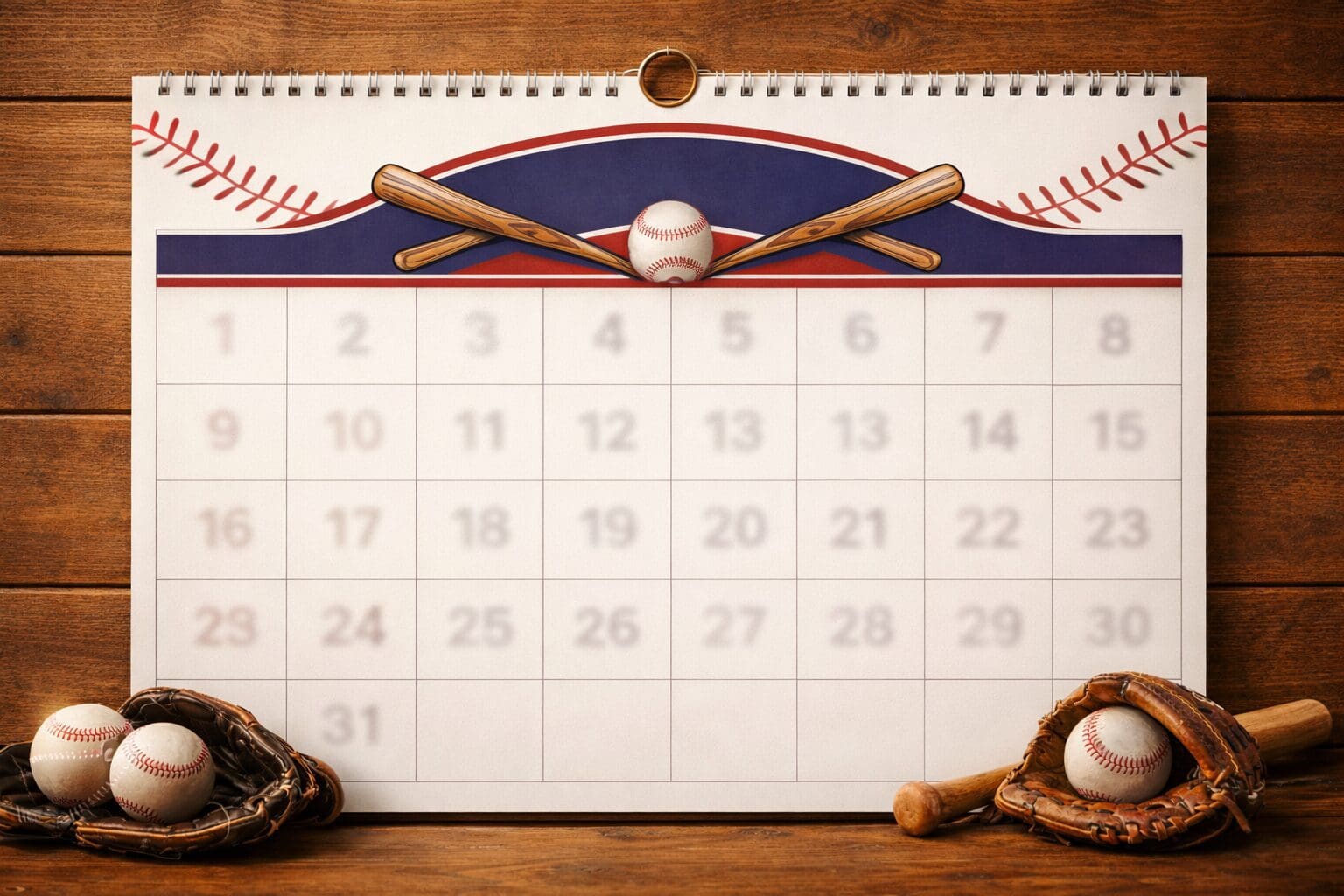 Baseball-themed calendar with gloves and bats.