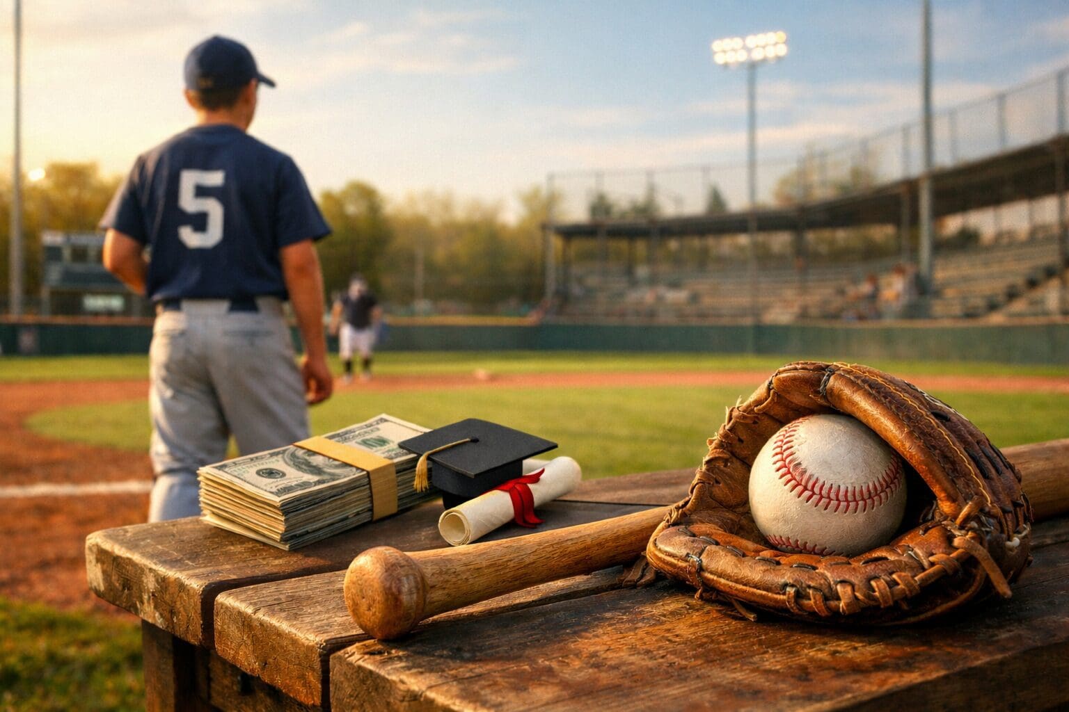 Baseball player with money and graduation items.