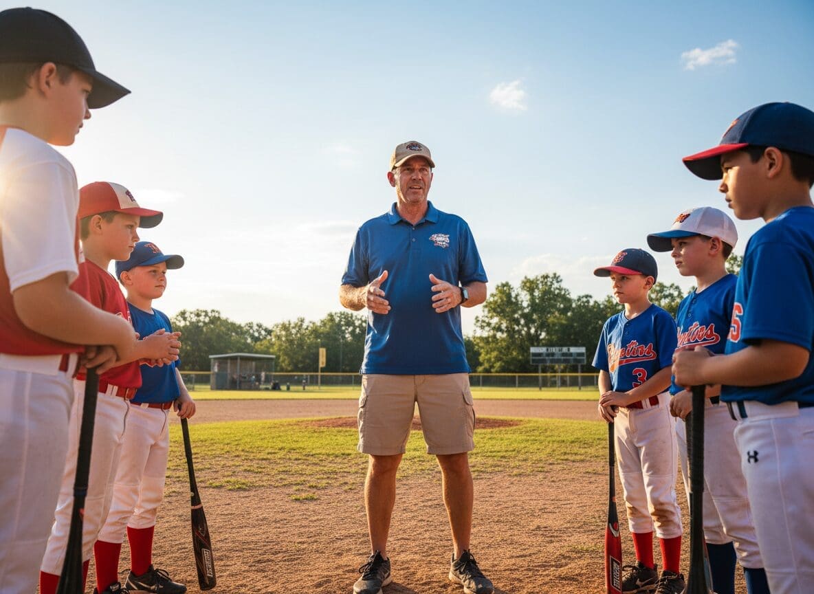Baseball coach instructing young players on field.